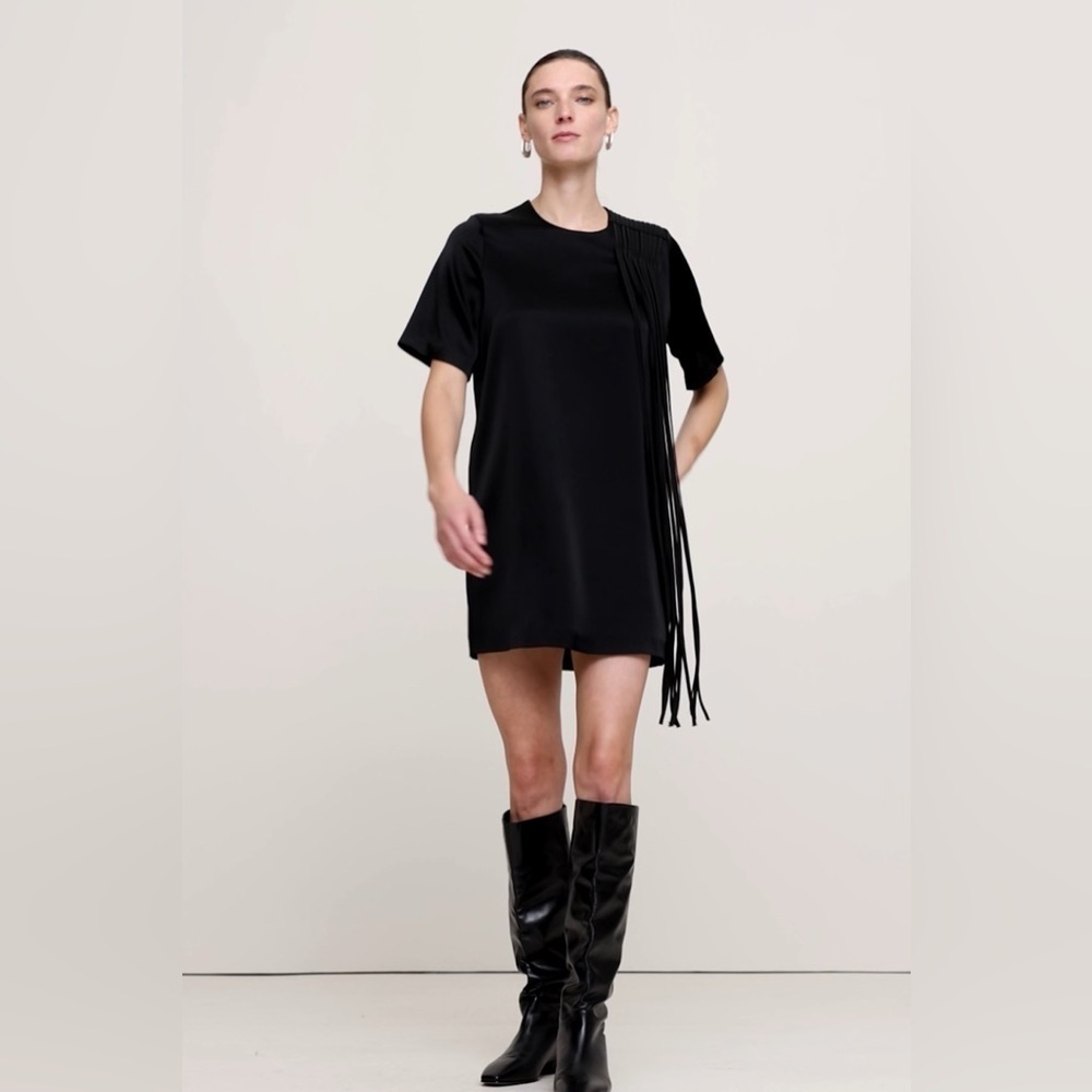 Banana Republic women’s  dress midi Sz M LBD SATIN FRINGE SHIFT - Picture 3 of 12